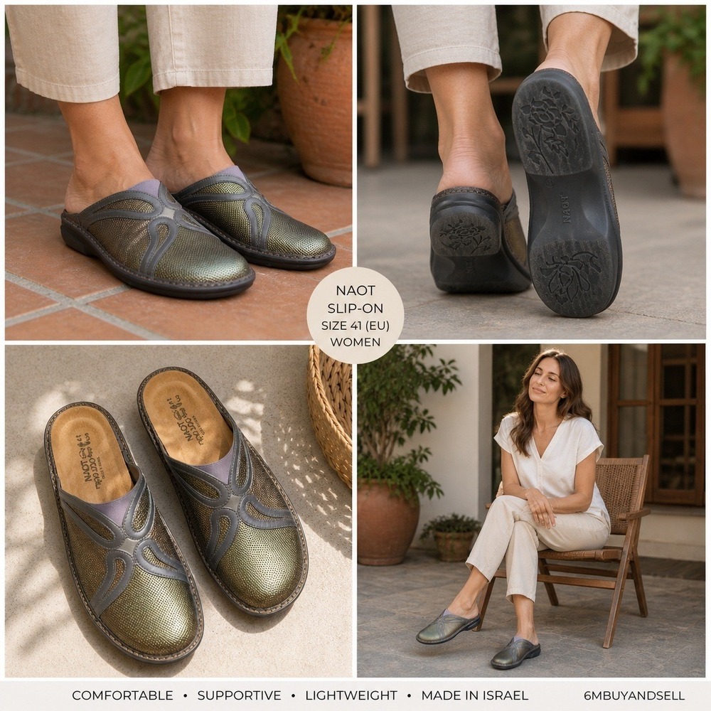 Naot Women Metallic Iridescent Green Bronze Leather Slip On Mules Clogs Israel